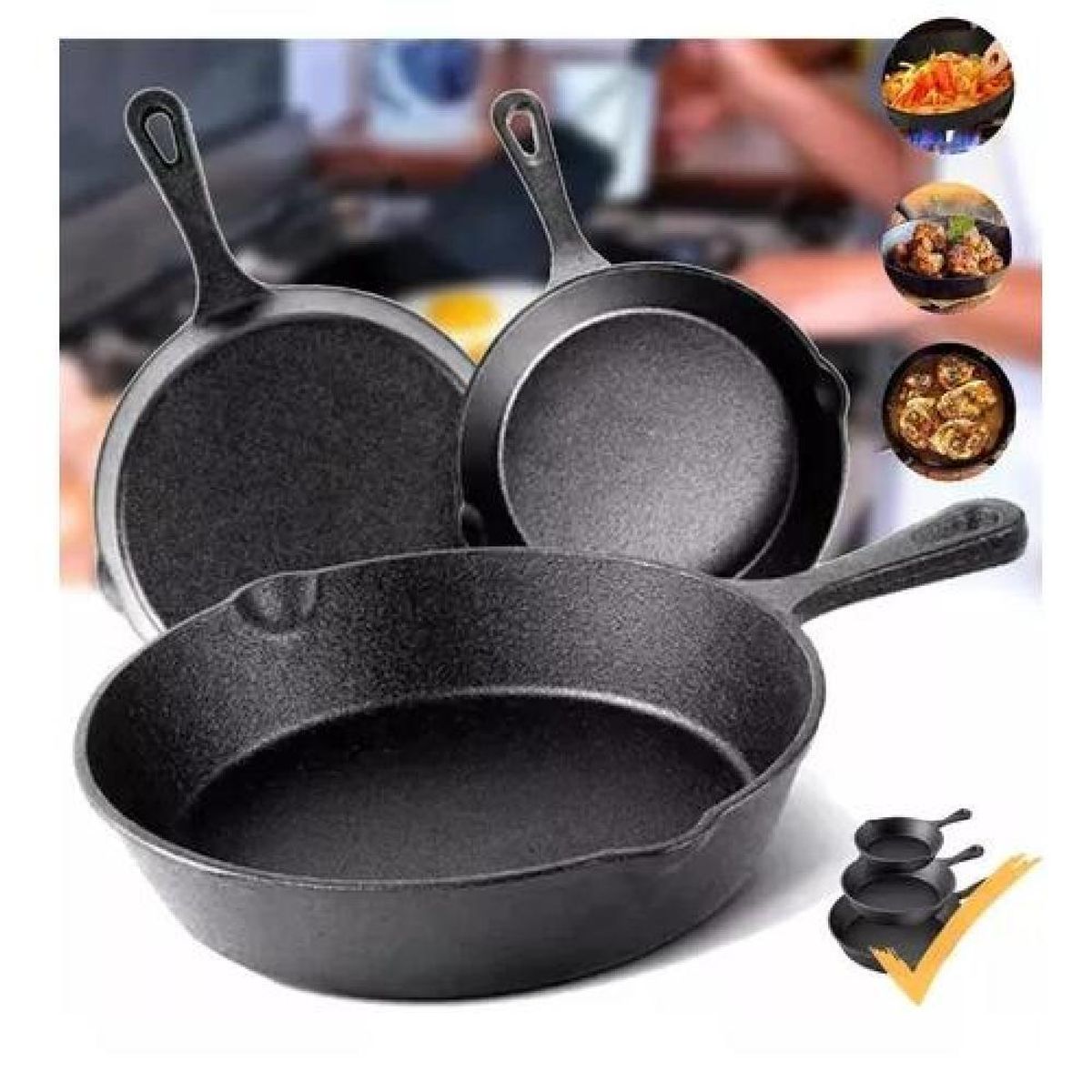 GENERICO - Set De 3 Sartenes 3 Hierro Fundido 16 20 Y 26cm Fierro