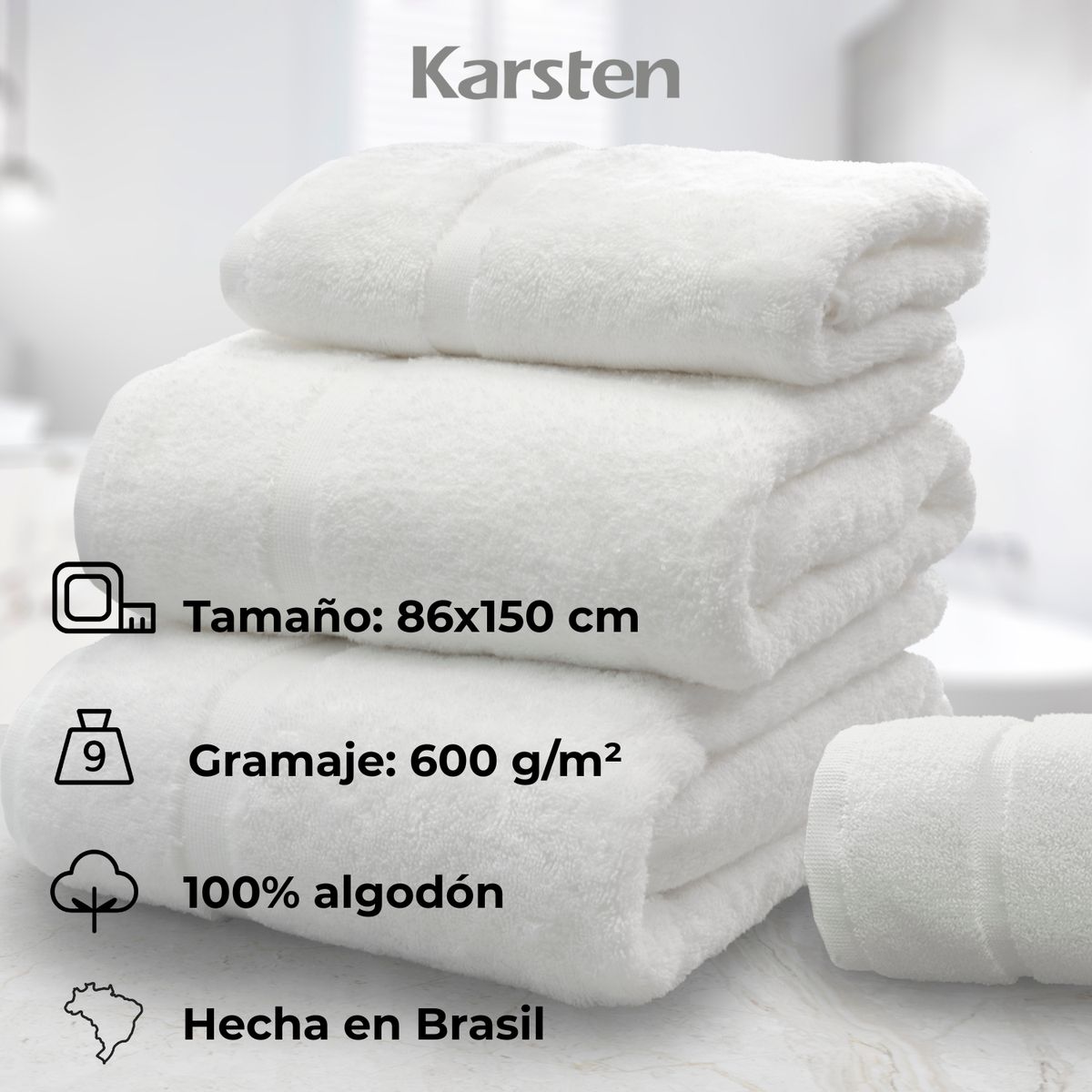 KARSTEN - Toalla baño hotelera 600gr 100% algodón 86 x 150 cm Blanca