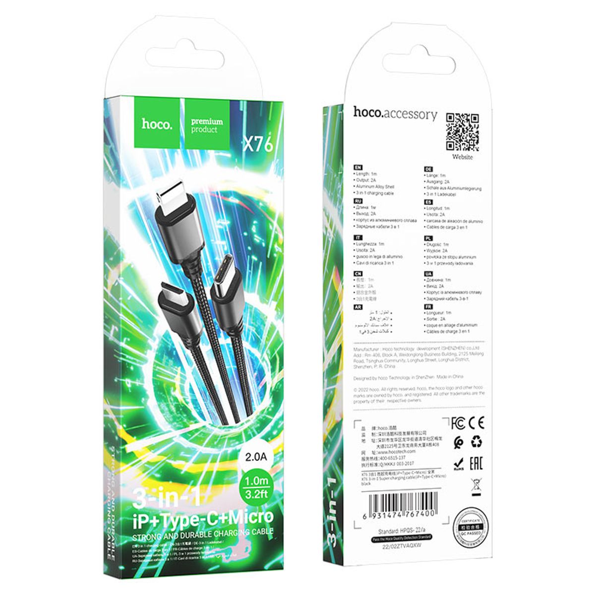 HOCO - Cable Usb 3 en 1 Negro