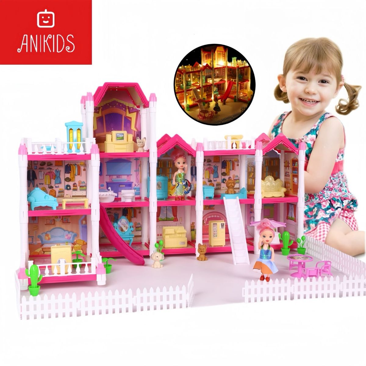 ANIKIDS - Casa Muñecas Infantil Juguete Princesa Niñas Led 11 Cuartos