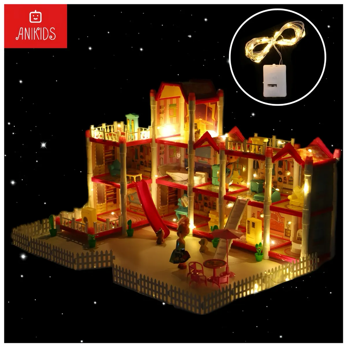 ANIKIDS - Casa Muñecas Infantil Juguete Princesa Niñas Led 11 Cuartos