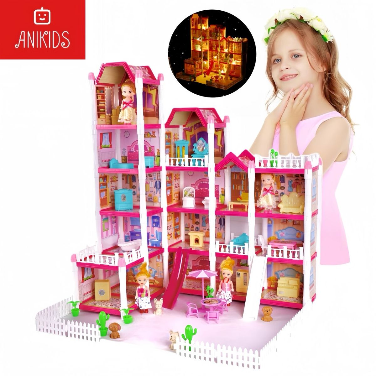 ANIKIDS - Casa Muñecas Infantil Juguete Princesa Niñas Led 15 Cuartos