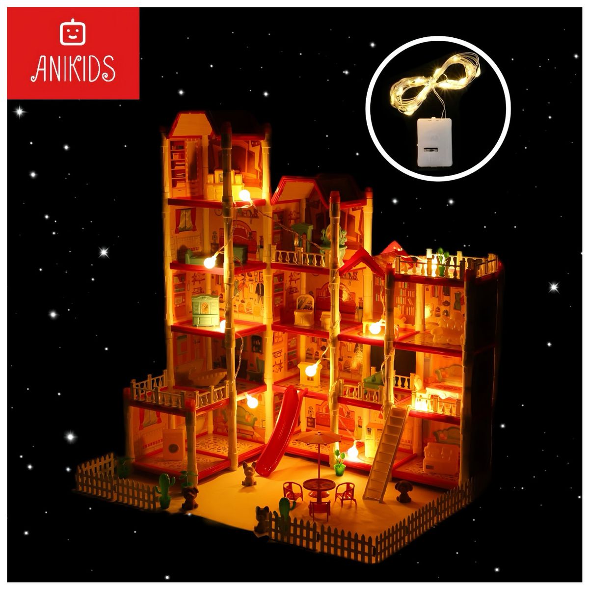 ANIKIDS - Casa Muñecas Infantil Juguete Princesa Niñas Led 15 Cuartos