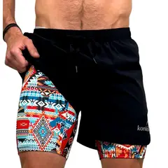 KONKO ACTIVE - Short Deportivo Con Calza 2 en 1 Con Cierre Andino Negro Hombre Konko