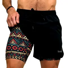 KONKO ACTIVE - Short Deportivo Con Calza 2 en 1 Con Cierre Etnico Negro Hombre Konko