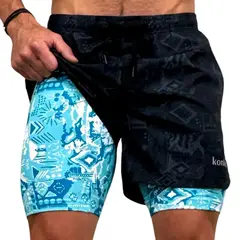 KONKO ACTIVE - Short Deportivo Con Calza 2 en 1 Con Cierre Lagoon Negro Hombre Konko