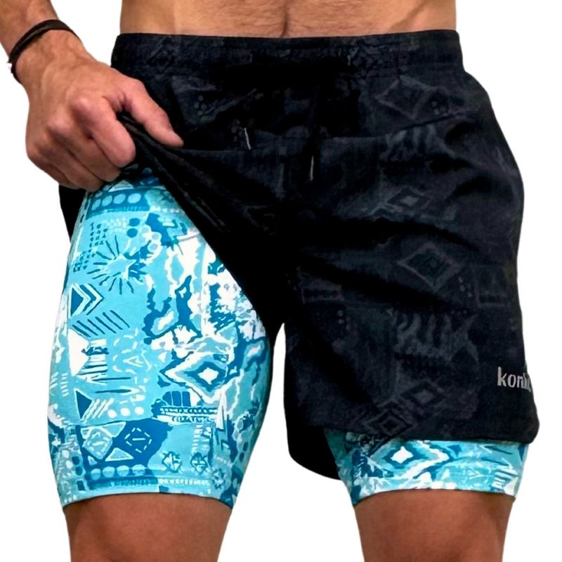 KONKO ACTIVE - Short Deportivo Con Calza 2 en 1 Con Cierre Lagoon Negro Hombre Konko