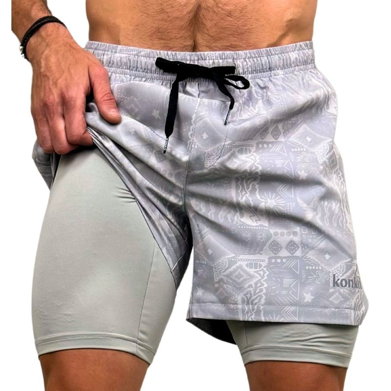 KONKO ACTIVE - Short Deportivo Con Calza 2 en 1 Con Cierre Gray Gris Hombre Konko