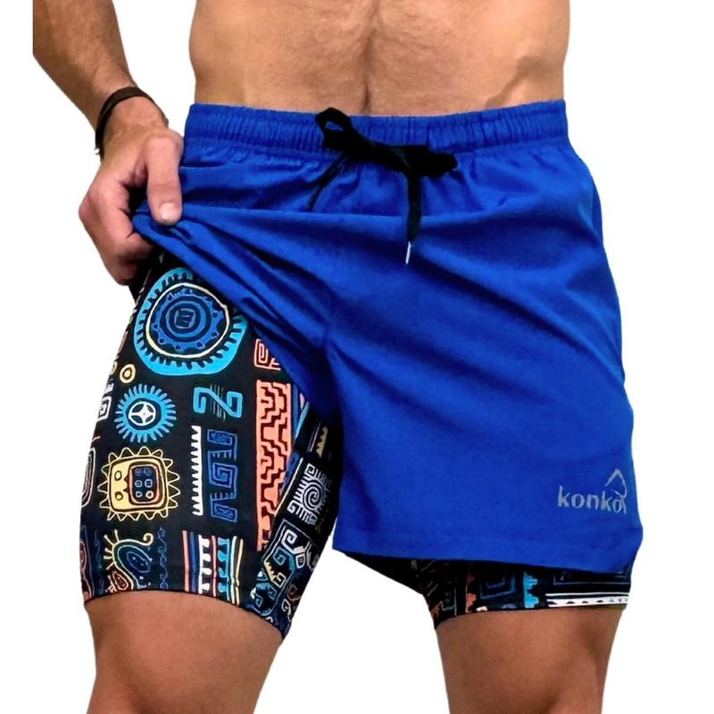 KONKO ACTIVE - Short Deportivo Con Calza 2 en 1 Con Cierre Quechua Azulino Konko