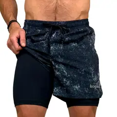 KONKO ACTIVE - Short Deportivo Con Calza 2 en 1 Con Cierre Carbon Negro Hombre Konko