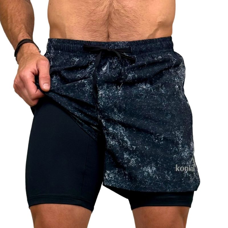 KONKO ACTIVE - Short Deportivo Con Calza 2 en 1 Con Cierre Carbon Negro Hombre Konko