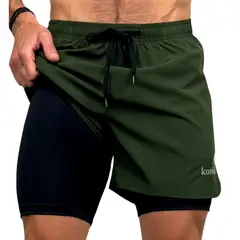 KONKO ACTIVE - Short Deportivo Con Calza 2 en 1 Con Cierre Hunter Verde Hombre Konko