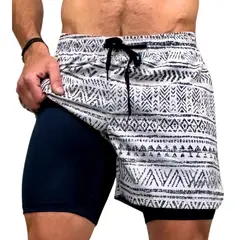 KONKO ACTIVE - Short Deportivo Con Calza 2 en 1 Con Cierre Volcano Crema Hombre Konko