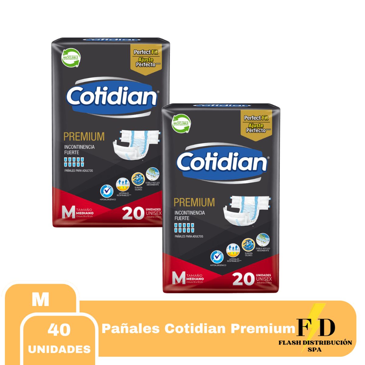 COTIDIAN - Pañales de Adulto COTIDIAN Premium M 2pqts x 20uds 40 pañales