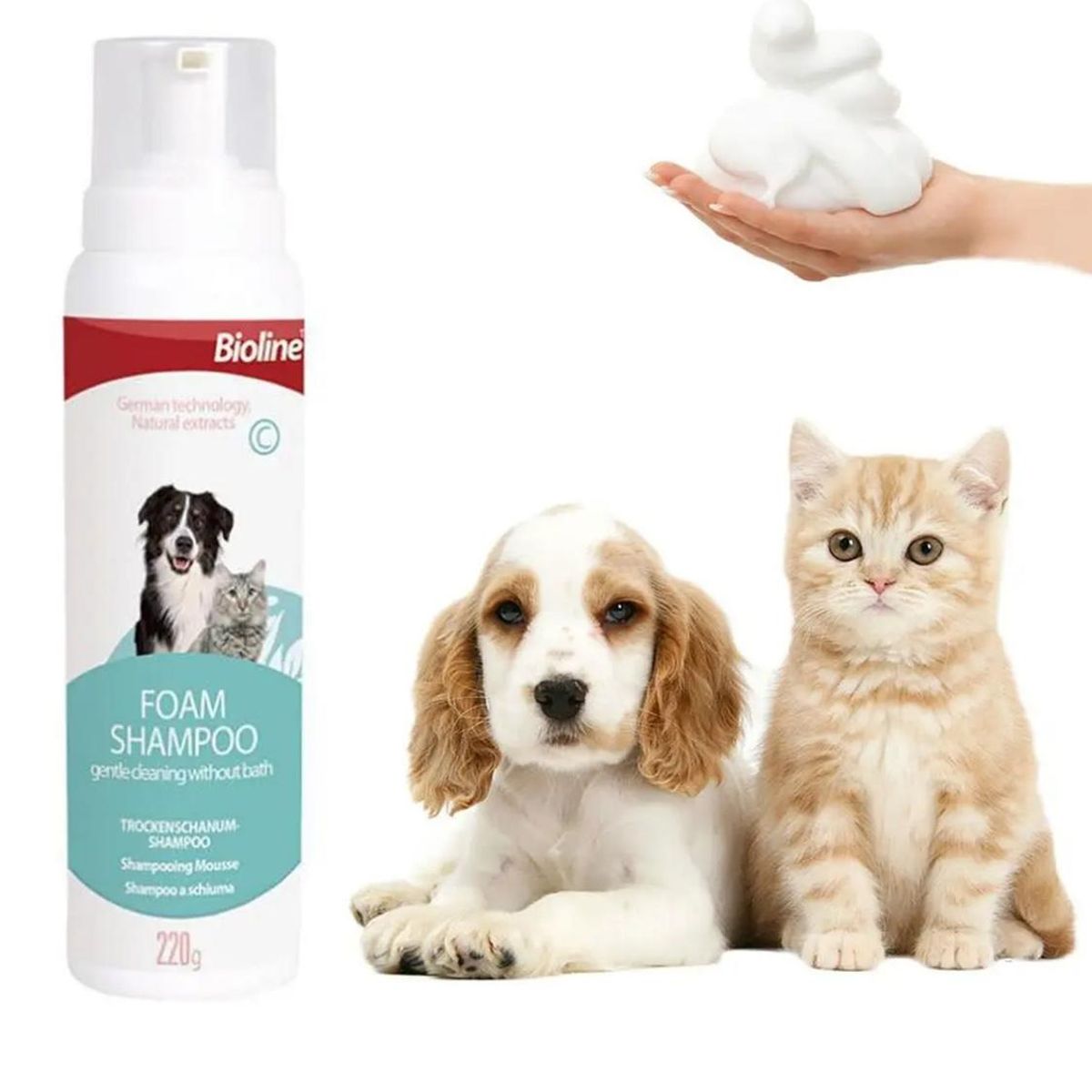 BIOLINE - Shampoo de espuma seca para mascotas 220gr