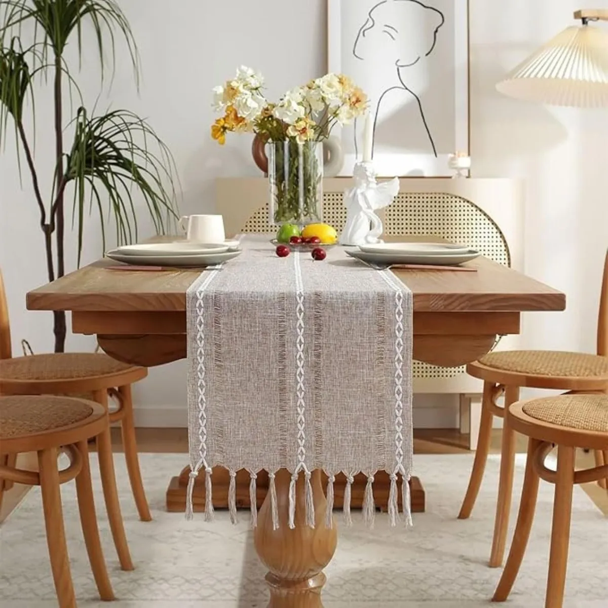 AZ AURAZEUS - Caminos De Mesa 183x33 Cm Lino Y Algodon Mantel Tejido Crochet AZ