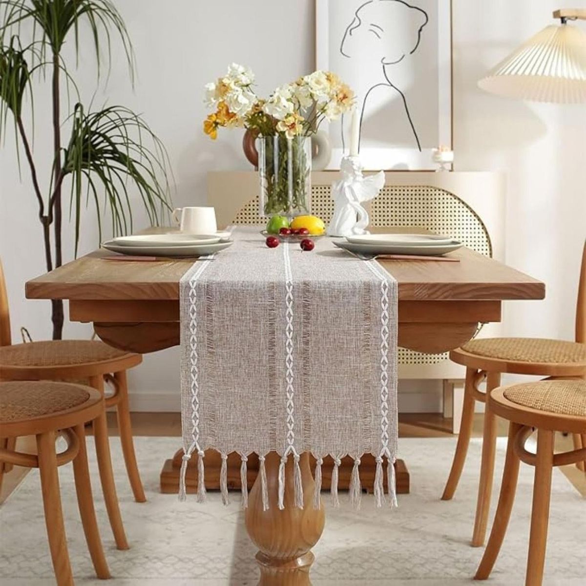 AZ AURAZEUS - Caminos De Mesa 183x33 Cm Lino Y Algodon Mantel Tejido Crochet AZ