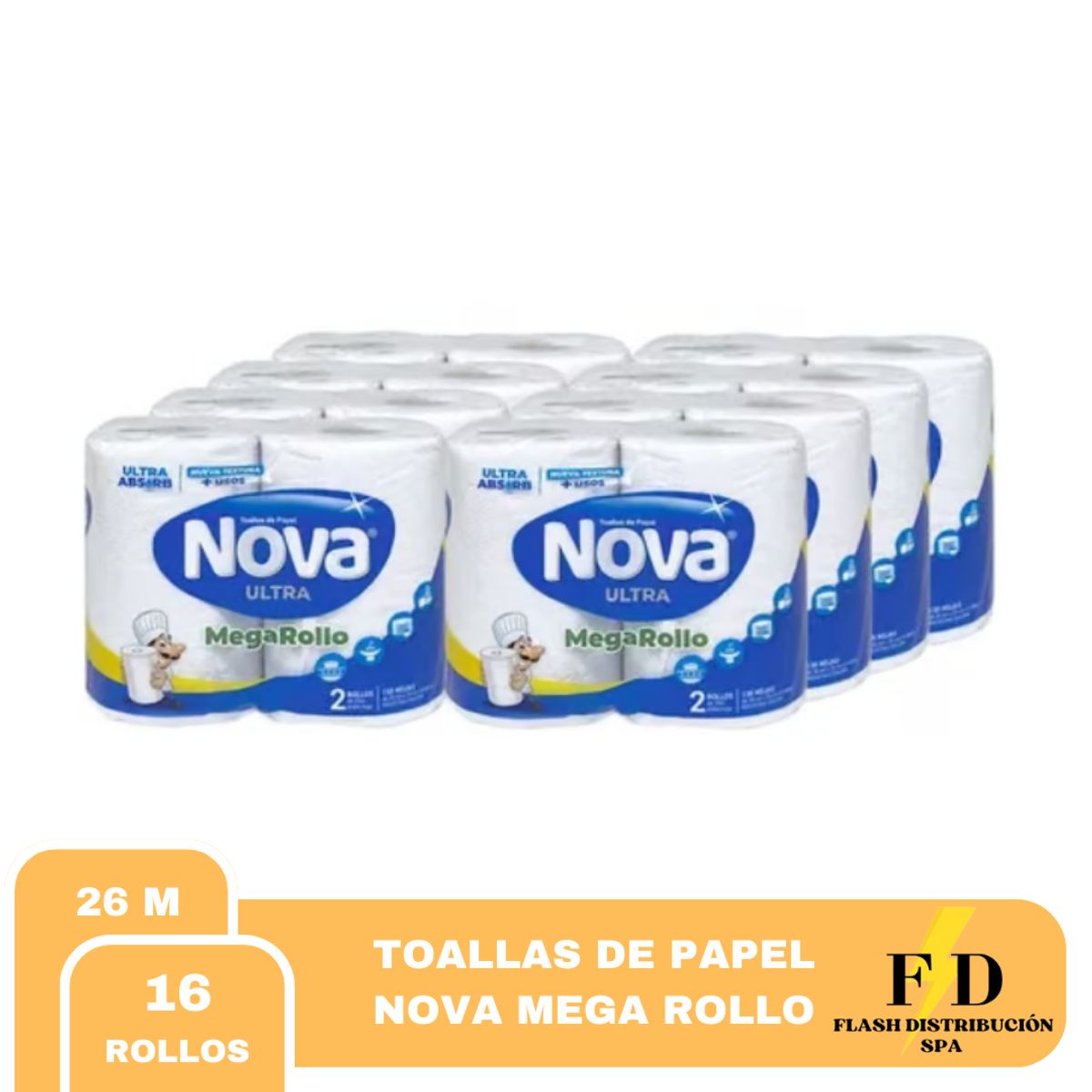 NOVA - Toalla Ultra Absorb Mega Rollo 26mts X 16 Rollos
