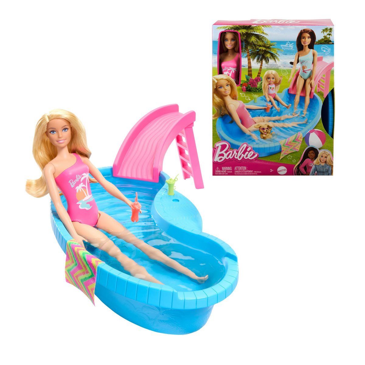 BARBIE - Muñeca Barbie set juego alberca glam con tobogán