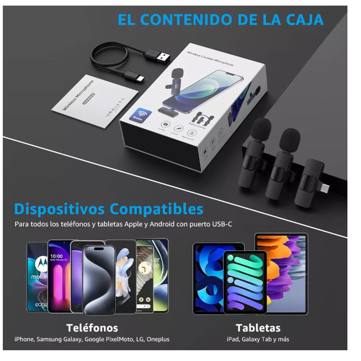 GENERICO - 2 Micrófono Inalámbrico Doble Compacto Usb-c Color Negro