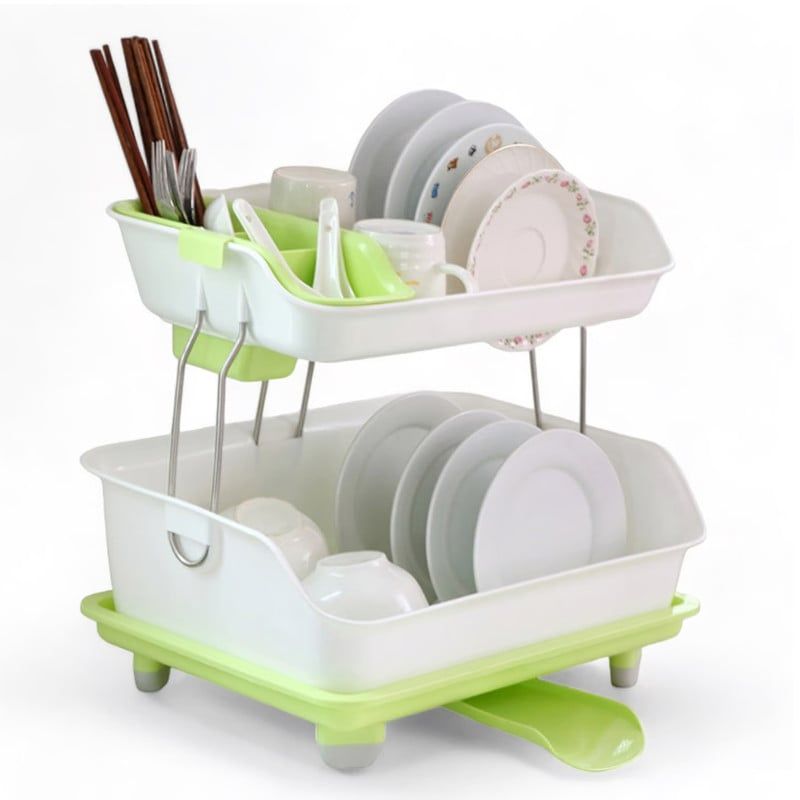 ANGELES DEL HOGAR - Escurridor Secador De Loza Platos 2 Nieveles Blanco y Verde