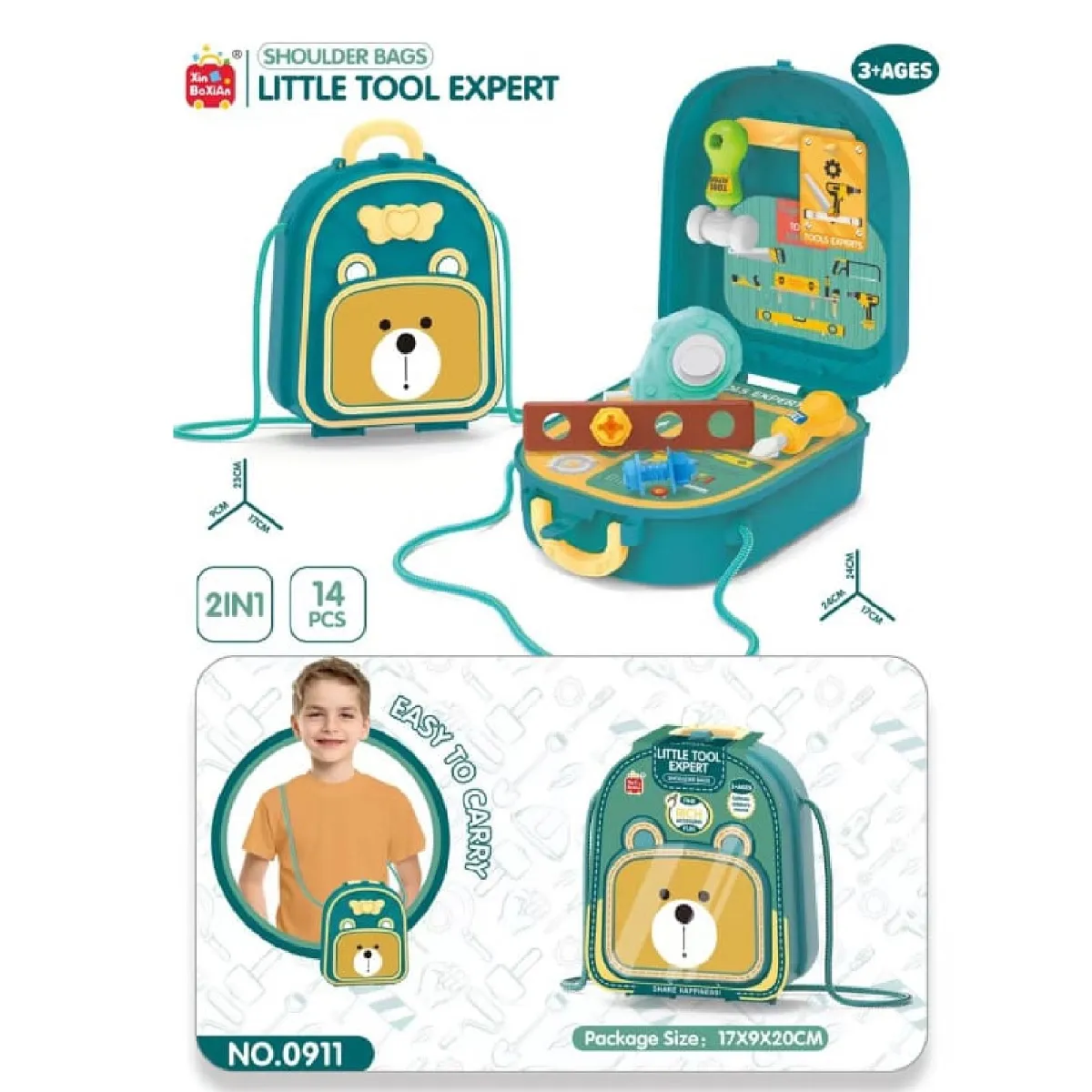 ANGELES DEL HOGAR - Mochila Juguete Set Herramientas Niño Oso verde