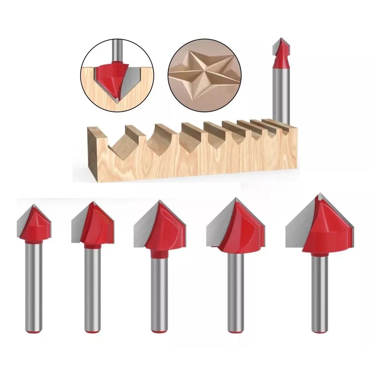 GENERICO - Fresa Ranura V Vástago ¼  38  A 1 Pulgada 6 pcs