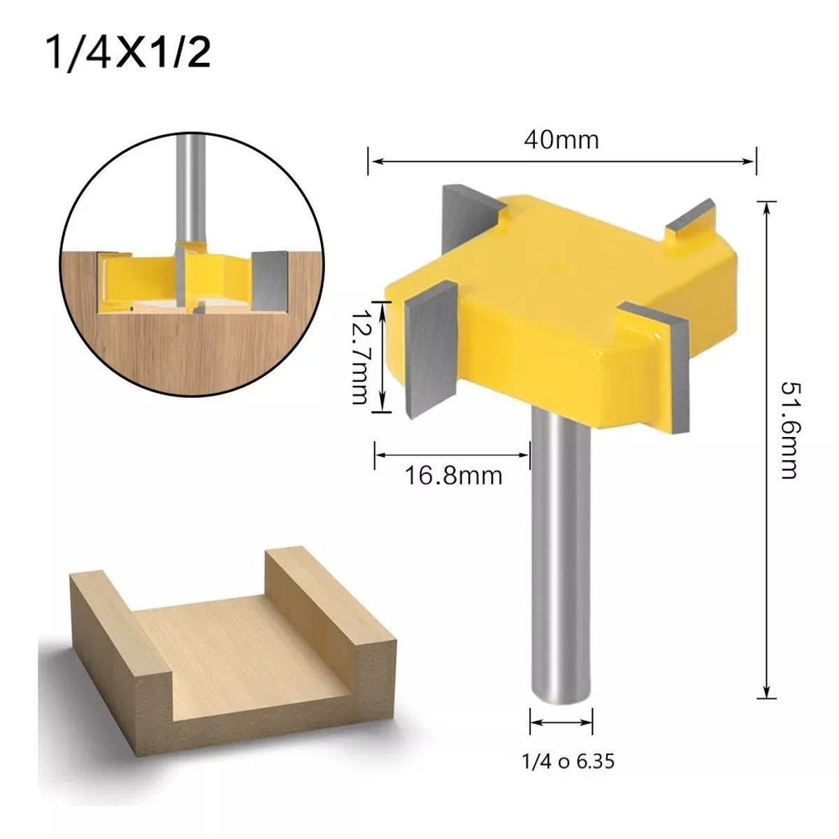 GENERICO - Fresa Madera Vaciado Invertida Copiadora T Toma ¼ x12.7 x 40 mm