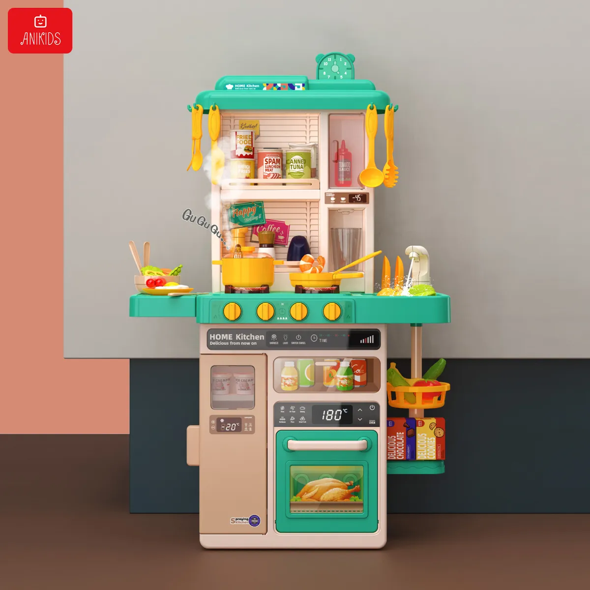 ANIKIDS - Cocina Juguete Grande 50pcs Niños Spray Kitchen 78cm Verde