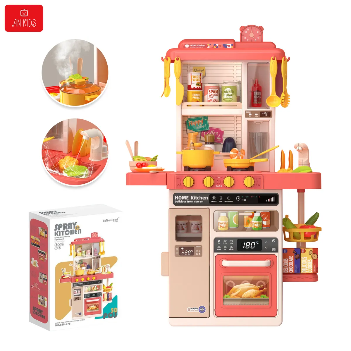 ANIKIDS - Cocina Juguete Grande 50pcs Niños Spray Kitchen 78cm Rosado