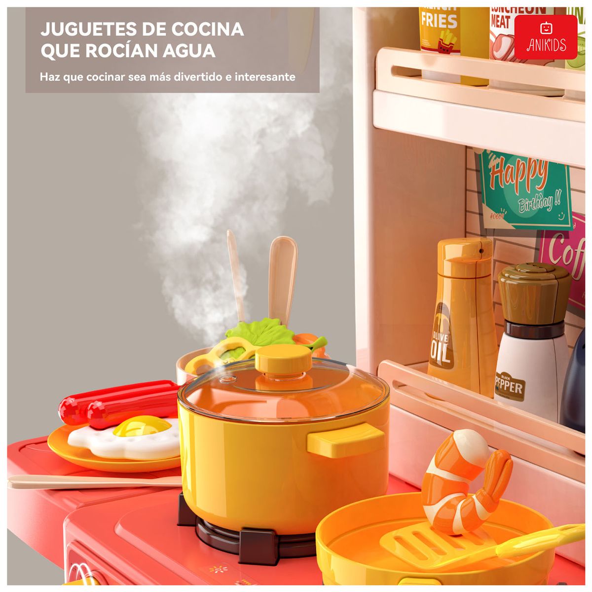 ANIKIDS - Cocina Juguete Grande 50pcs Niños Spray Kitchen 78cm Rosado