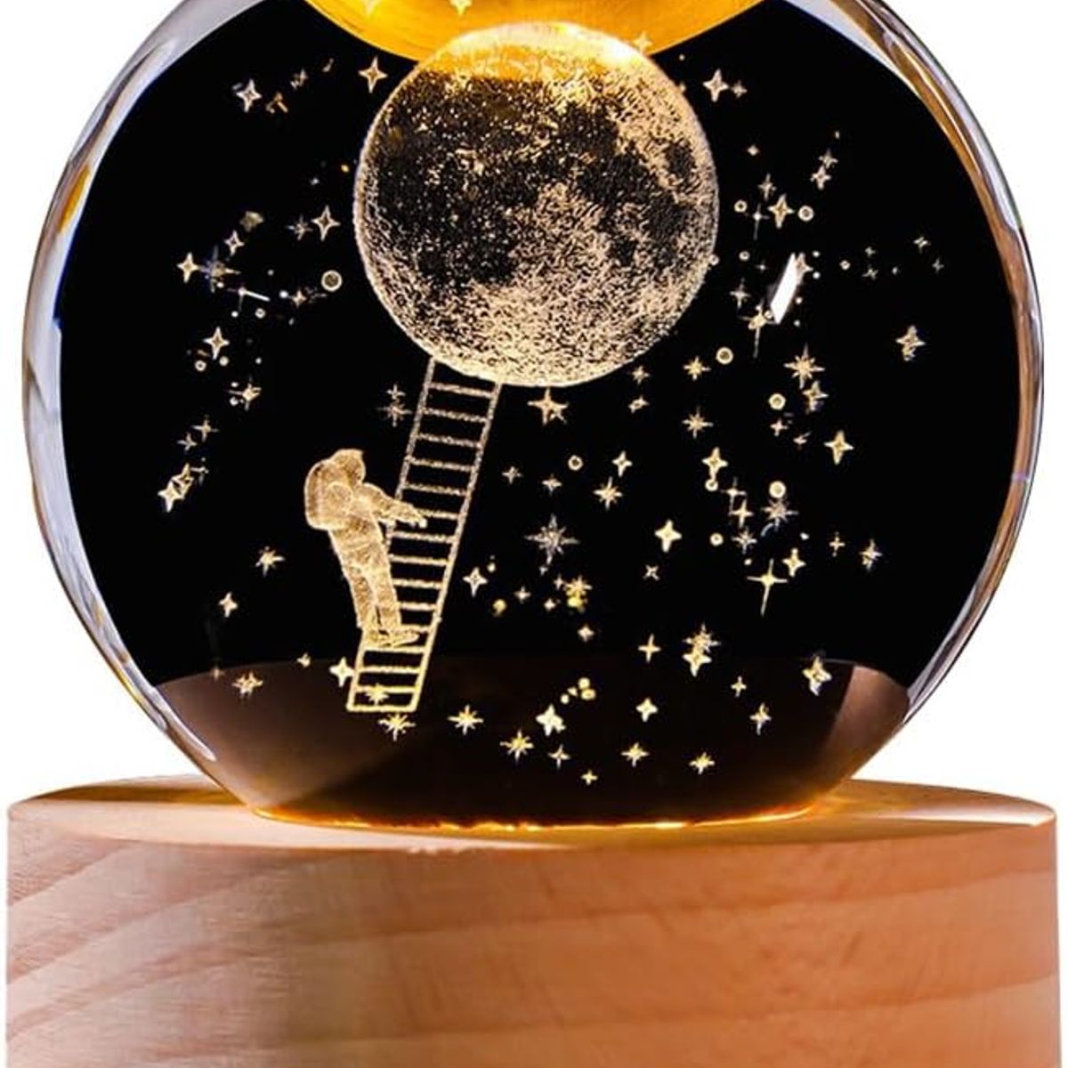 KUANGYE - Esfera De Cristal Y Madera Con Luz Blanca