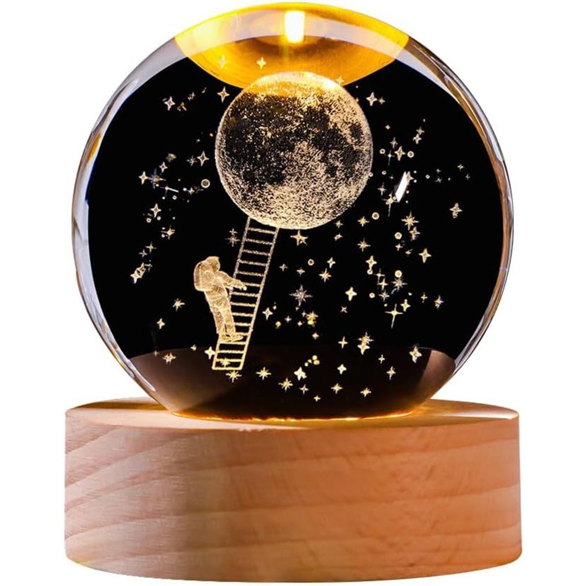 KUANGYE - Esfera De Cristal Y Madera Con Luz Blanca