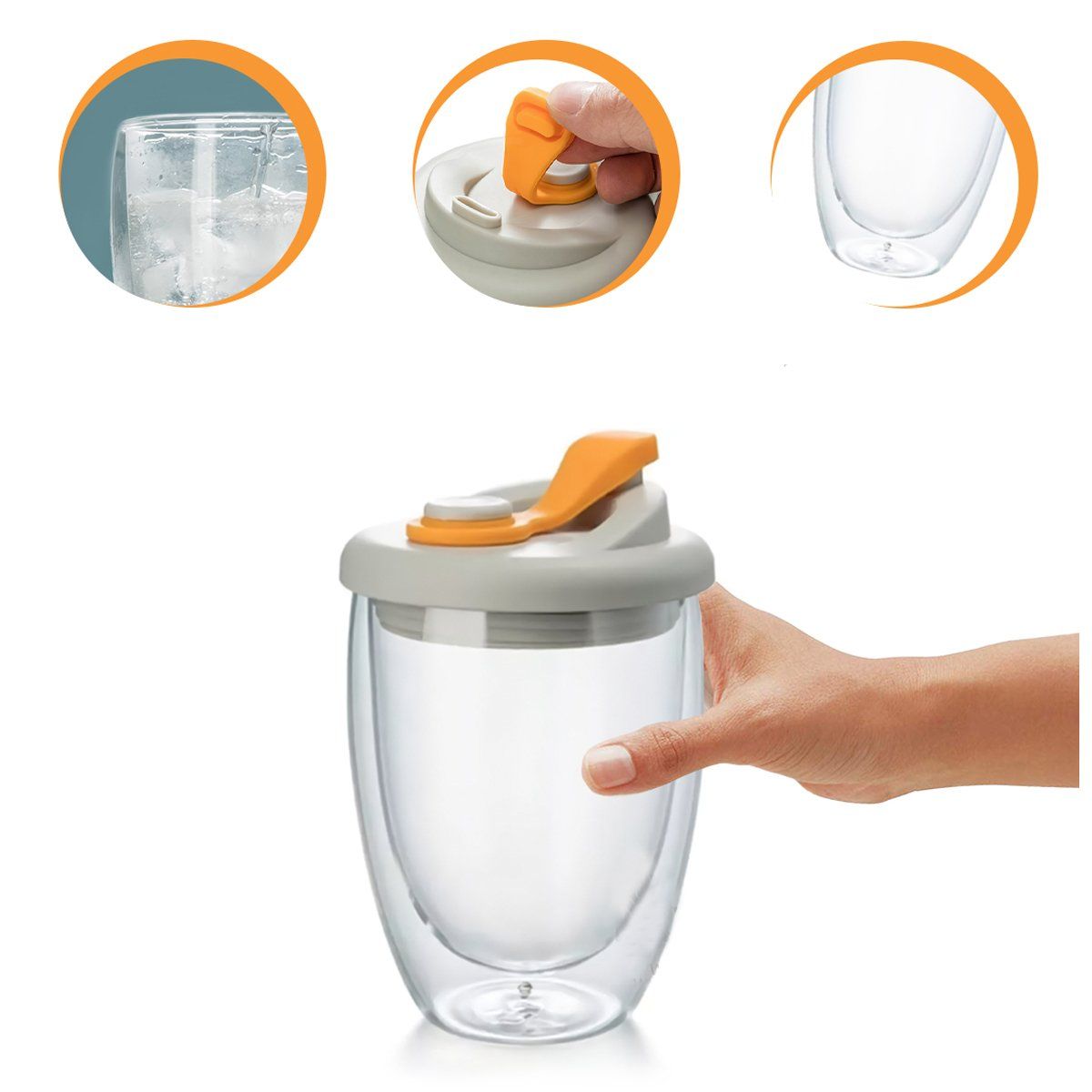 KUANGYE - Vaso Cafe Vidrio Doble Pared Termica Mug Tapa Antiderrame