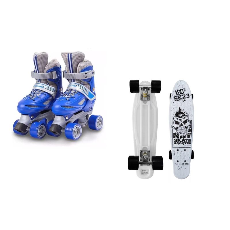 GENERICO - Pack Skate Skull Sk23 + Patines 4 Rueda Ajustable Niño XS