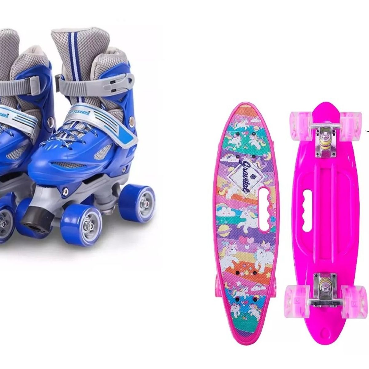 GENERICO - Pack Skate Unicornio Pink + Patines 4 Rueda Ajustable XS
