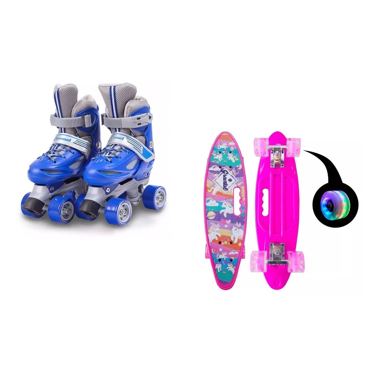 GENERICO - Pack Skate Unicornio Pink + Patines 4 Rueda Ajustable XS