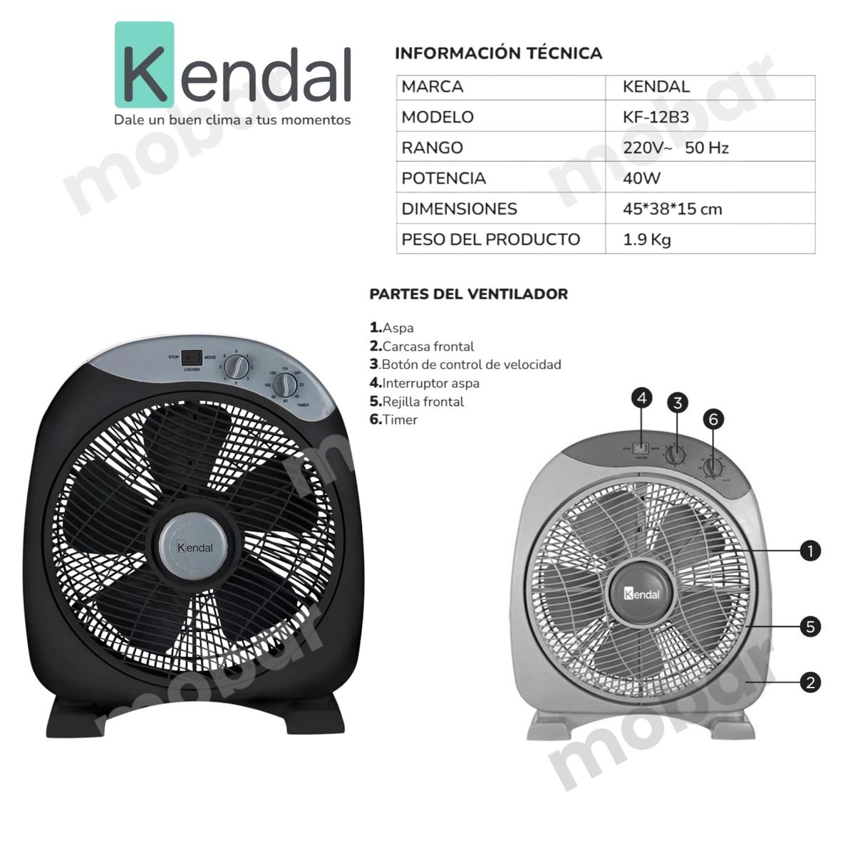 KENDAL - Ventilador de Piso / Mesa Silencioso Kendal Box Kf-12b3N Timer 120 Min