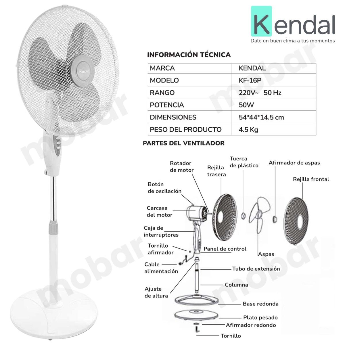 KENDAL - Ventilador Pedestal Pie Silencioso Kendal Kf-16p Oscilante