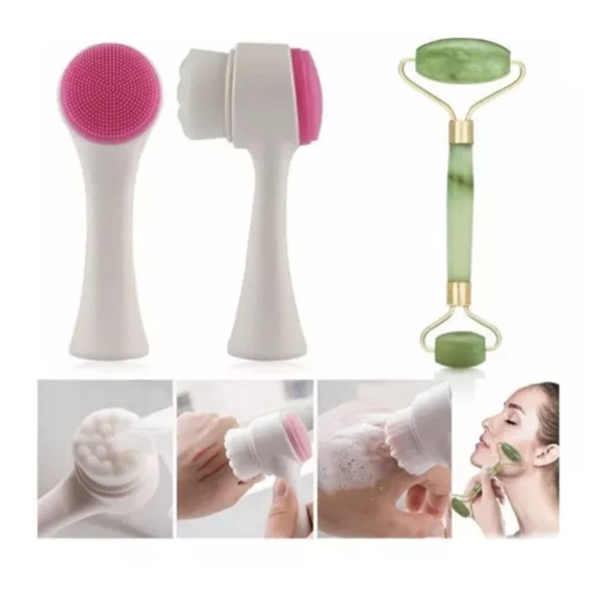 GENERICO - Set Rodillo Masajeador + Cepillo Limpieza Facial Doble