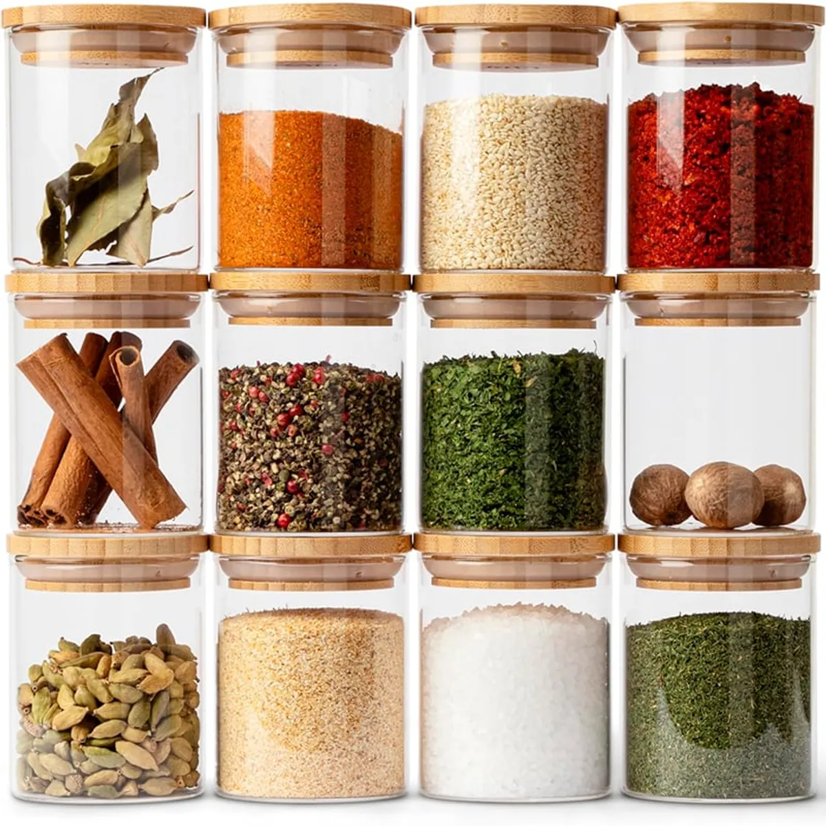 WAKESHOME - 12 Frascos Especias Con Tapa De Bambú + Etiquetas Adhesivas