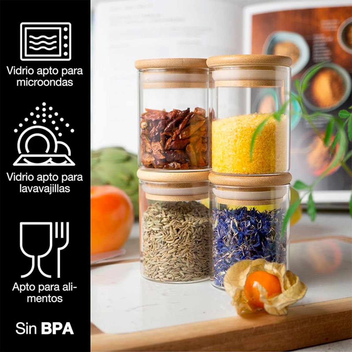 WAKESHOME - 12 Frascos Especias Con Tapa De Bambú + Etiquetas Adhesivas