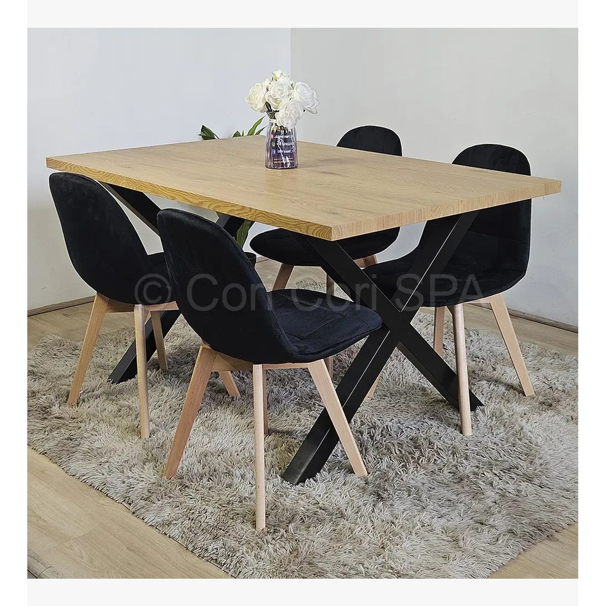 CORI CORI - Comedor Mesa Metal Cross 140x90 + 4 Sillas Capitonne Velvet Negro