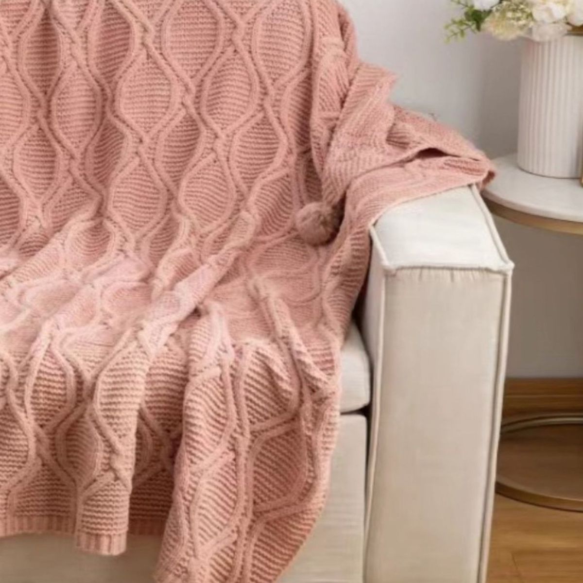 GENERICO - Manta de Lujo con Pompones Ideal para Sofá o Cama D4