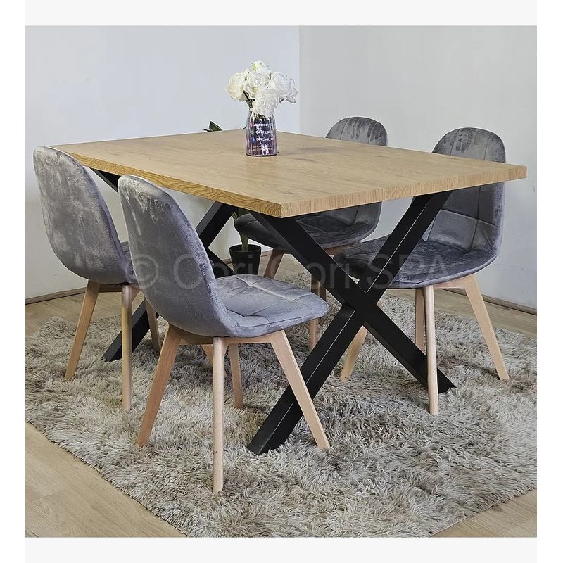 CORI CORI - Comedor Mesa Metal Cross 140x90 + 4 Sillas Capitonne Velvet Gris