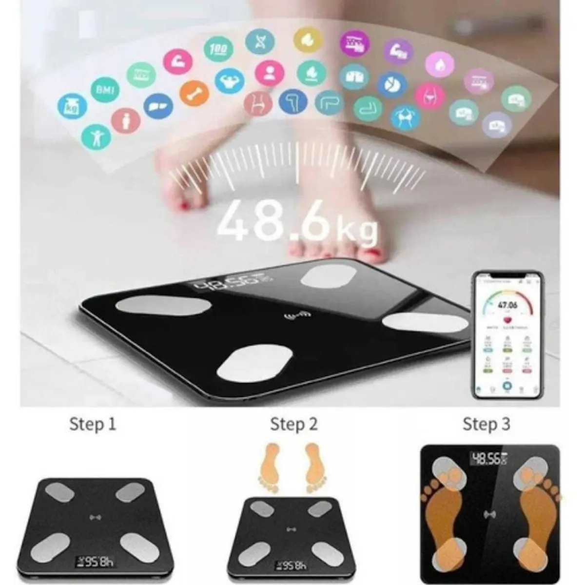 GENERICO - Báscula De Baño Digital Inteligente Bluetooth Para Grasa NEGRO