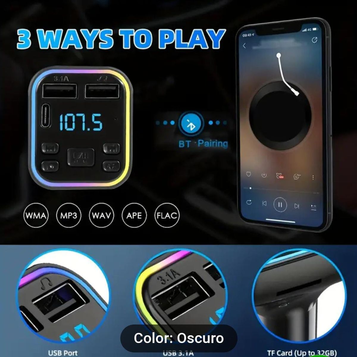 GENERICO - Transmisor Bluetooth a FM G38 con 2 USB y 1 Tipo C con LED RGB
