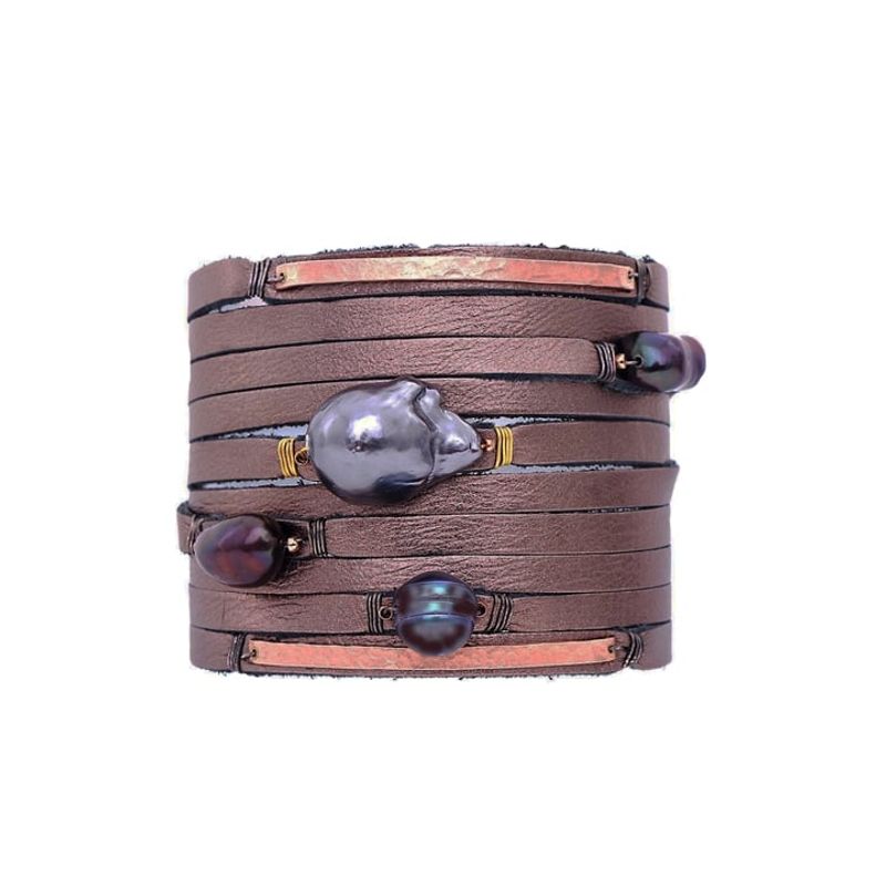 VANE COLLECTION - Pulsera mujer hecha a mano en cuero y perlón en cobre metalizado