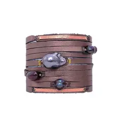 VANE COLLECTION - Pulsera mujer hecha a mano en cuero y perlón en cobre metalizado