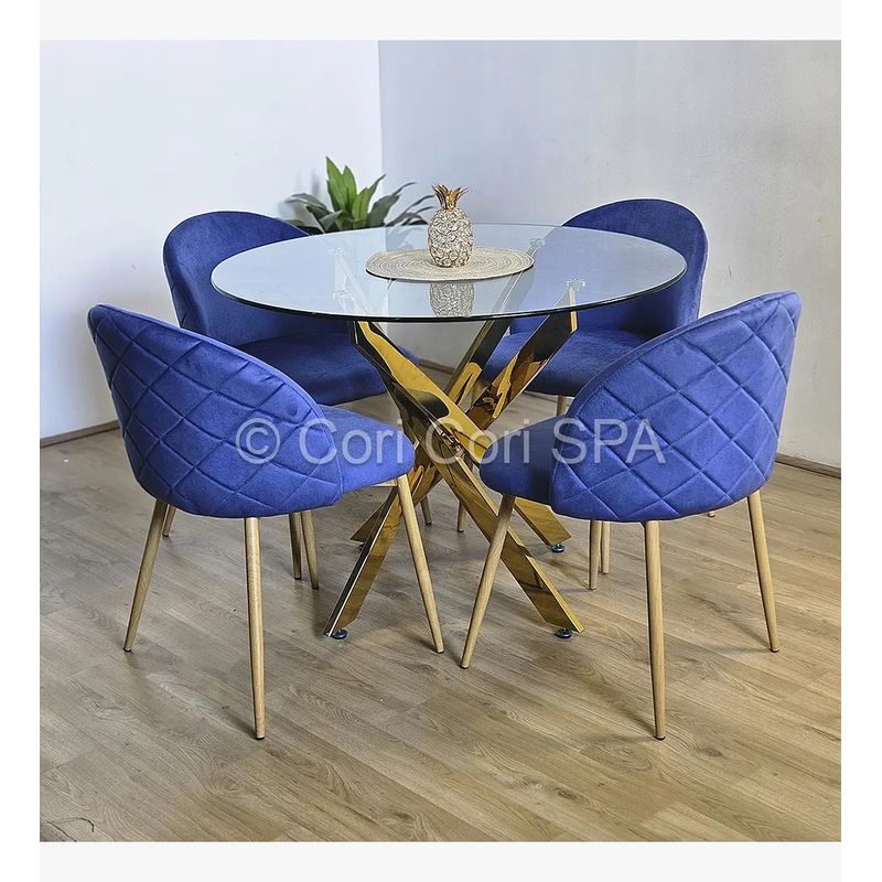 GENERICO - Juego de Comedor Warwick Gold 120cm + 4 Sillas Bread Wood Azul